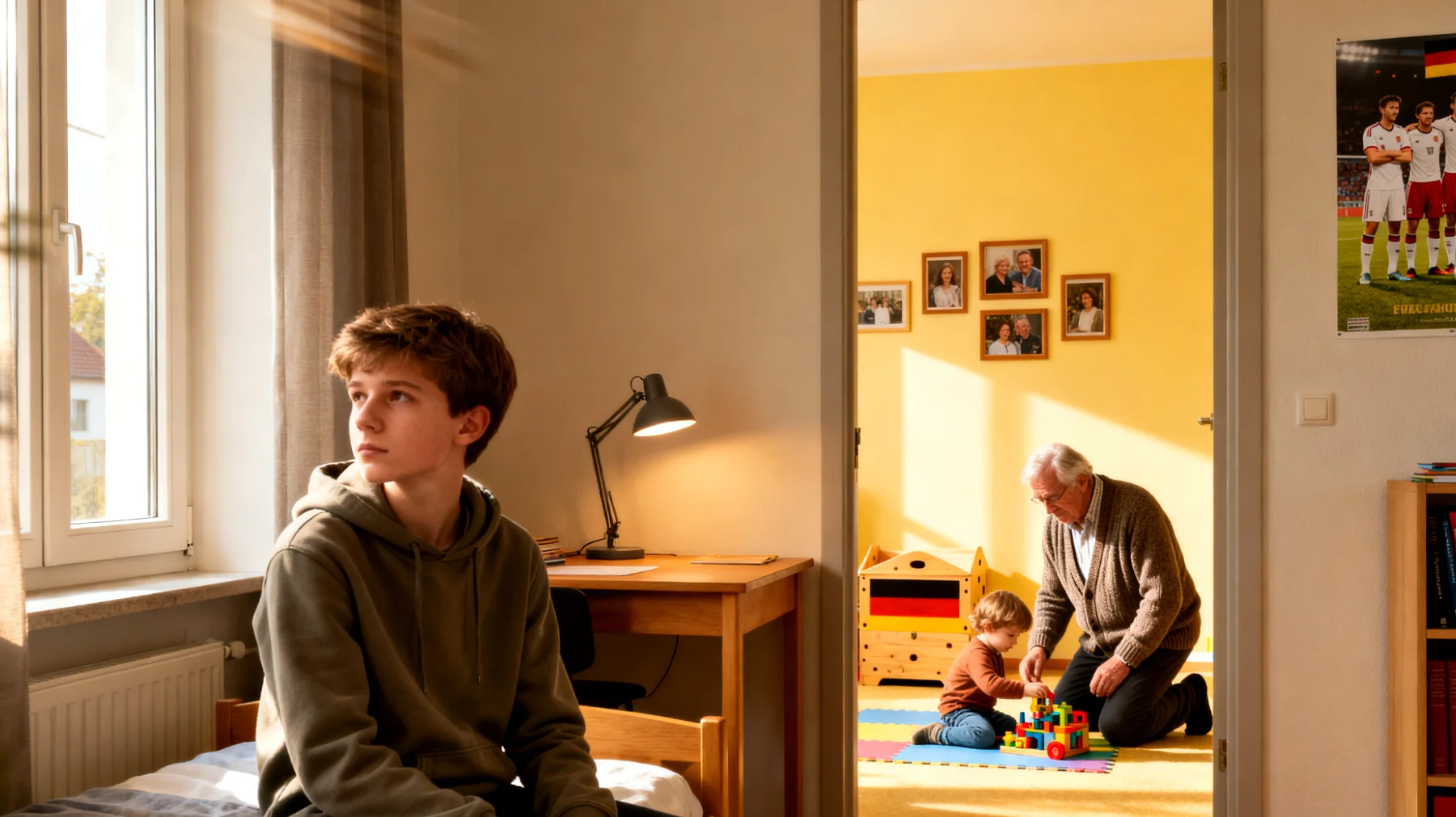 Der Großvater bemerkt, dass sein Teenager-Enkel zunehmend eifersüchtig auf seinen jüngeren Geschwister reagiert, der seiner Meinung nach mehr Aufmerksamkeit und Zuneigung vom Großvater bekommt. Der Jugendliche zieht sich zurück, wird reizbar und macht abwertende Bemerkungen gegenüber dem Geschwisterkind, während er gleichzeitig verzweifelt nach der besonderen Zuwendung des Großvaters sucht."