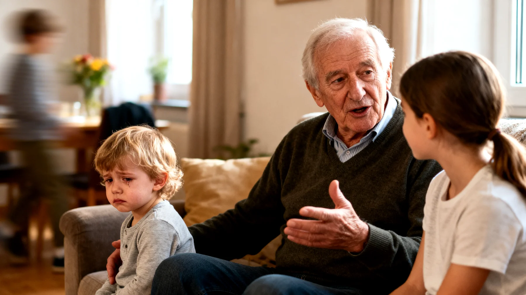 Der Großvater bemerkt, dass sein jüngeres Enkelkind zunehmend eifersüchtig auf das ältere Geschwisterkind reagiert, da er glaubt, der Großvater schenke dem älteren Kind mehr Aufmerksamkeit, Lob und Zeit. Dies führt zu häufigen Streitigkeiten zwischen den Geschwistern, Trotzreaktionen gegenüber dem Großvater und einem wachsenden Gefühl der Ungerechtigkeit beim jüngeren Enkelkind."