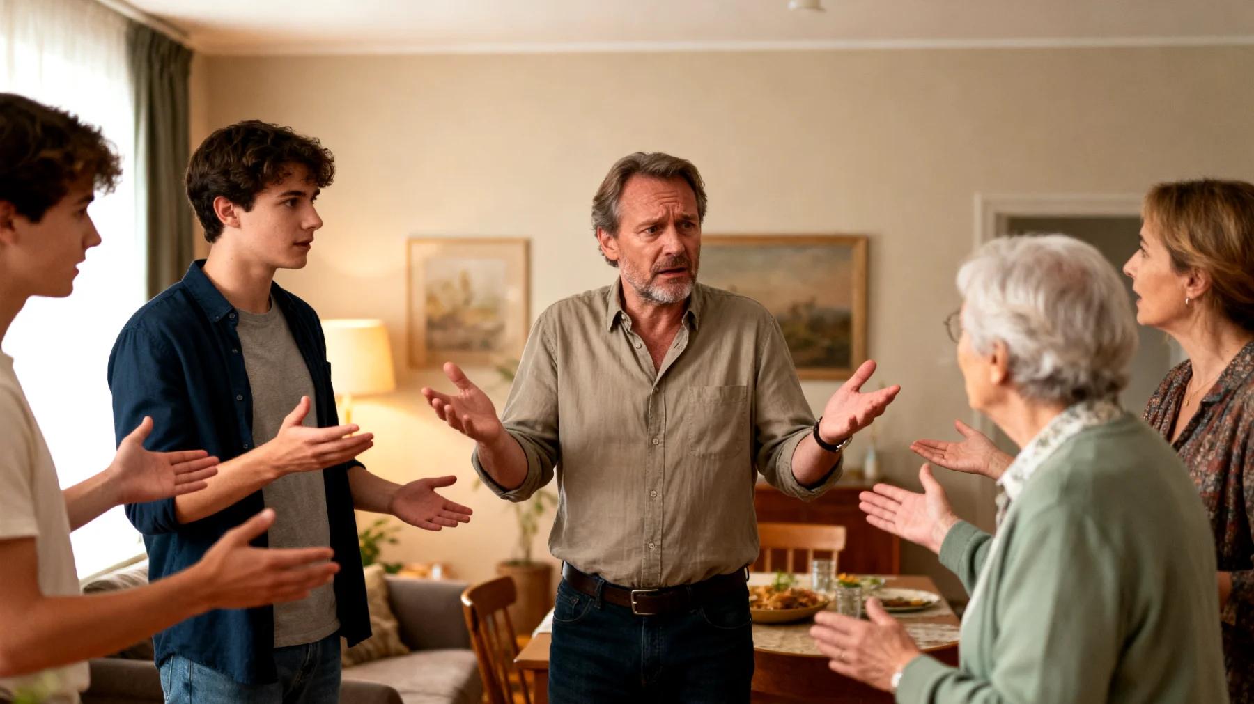 Der Vater fühlt sich zunehmend unter Druck gesetzt, da seine erwachsenen Kinder in Konflikte mit Großeltern, Tanten, Onkeln und anderen Familienmitgliedern verwickelt sind. Unterschiedliche Erziehungsvorstellungen, konkurrierende Erwartungen und offene Meinungsverschiedenheiten innerhalb der erweiterten Familie belasten nicht nur die Beziehung zwischen Vater und Kind, sondern gefährden auch den familiären Zusammenhalt insgesamt."